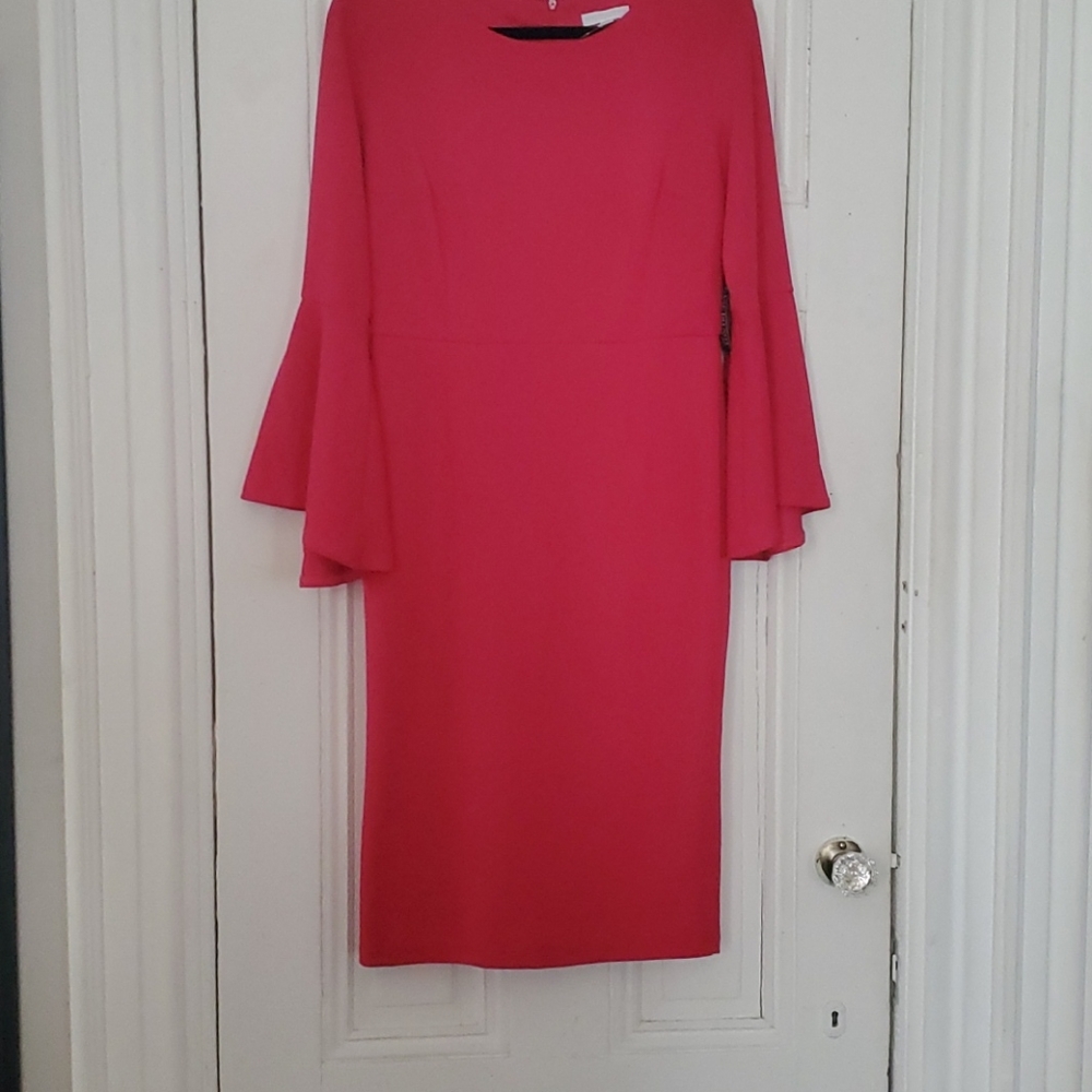 Hot pink bell flutter sleeve pencil dress